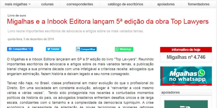 Migalhas e a Inbook Editora lançam 5ª edição da obra Top Lawyers